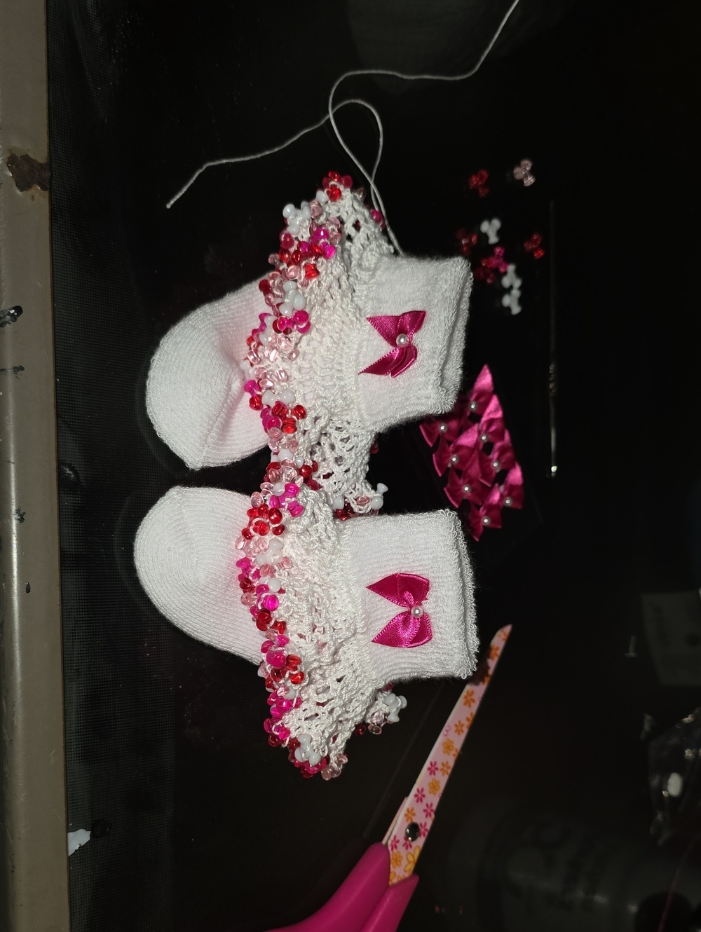 Handmade Pink Baby Booties with Beaded Lace Trim